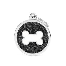 Load image into Gallery viewer, Shine Big Black Glitter Circle White Bone ID Tag