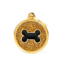 Load image into Gallery viewer, Shine Big Gold Glitter Circle Black Bone ID Tag