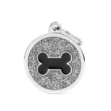 Load image into Gallery viewer, Shine Big Grey Glitter Circle Black Bone ID Tag