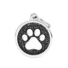 Load image into Gallery viewer, Shine Big Black Glitter Circle White Paw ID Tag