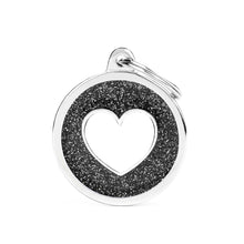 Load image into Gallery viewer, Shine Big Black Glitter Circle White Heart ID Tag