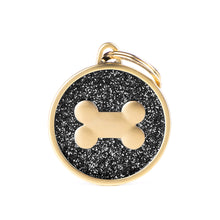 Load image into Gallery viewer, Shine Big Black Glitter Bone Satin Gold ID Tag