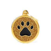 Load image into Gallery viewer, Shine Big Gold Glitter Circle Black Paw ID Tag
