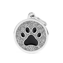 Load image into Gallery viewer, Shine Big Grey Glitter Circle Black Paw ID Tag

