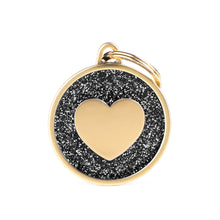 Load image into Gallery viewer, Shine Big Black Glitter Heart Satin Gold ID Tag
