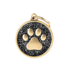 Load image into Gallery viewer, Shine Big Black Glitter Paw Satin Gold ID Tag
