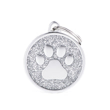 Load image into Gallery viewer, Shine Big Grey Glitter Paw Satin ID Tag
